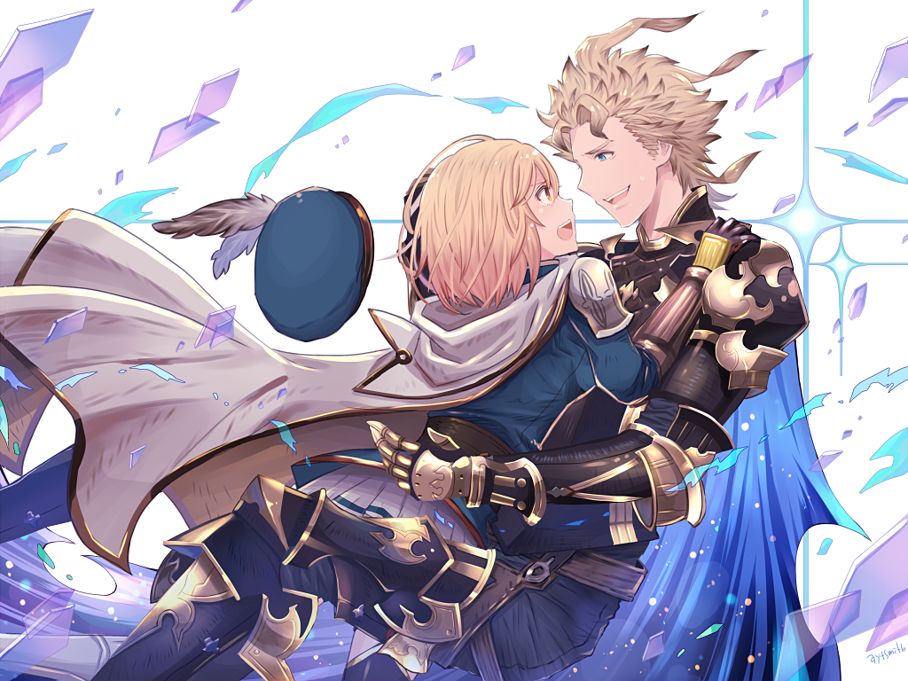 1boy, 1girl, :d, armor, artist_name, ayuto, blonde_hair, blue_cape