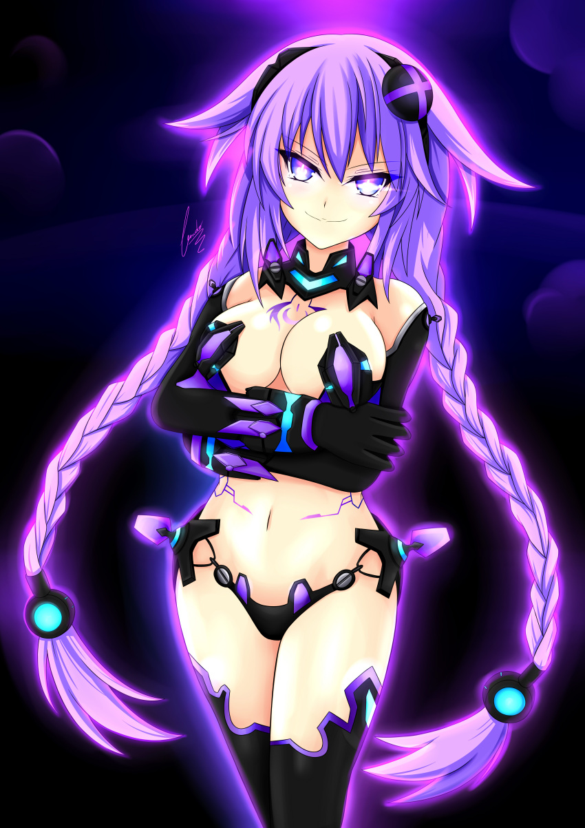 1girl, absurdres, artist_name, aura, bare_shoulders, blue_eyes, braid, breasts