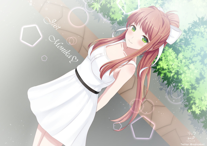 1girl, arms_behind_back, bare_shoulders, blush, breasts, brown_hair, collarbone, dress