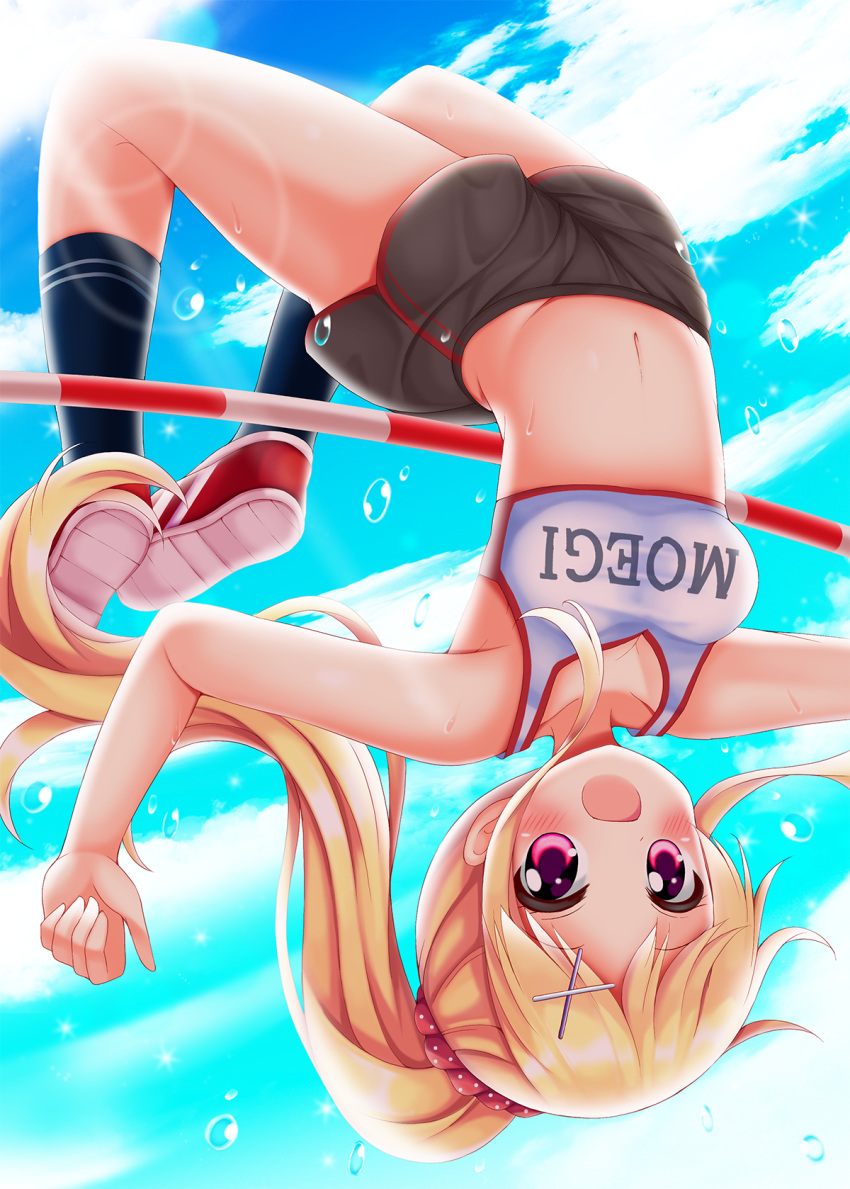 1girl, :d, bangs, bare_arms, bare_shoulders, black_legwear, black_shorts, blonde_hair