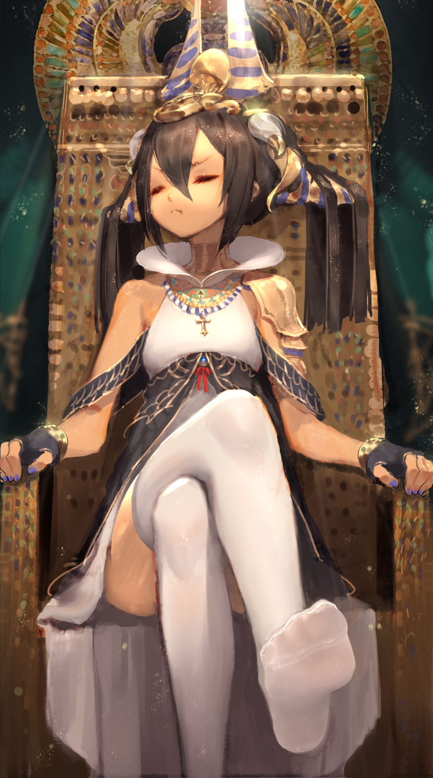 1girl, absurdres, bible_bullet, black_hair, chair, choker, closed_eyes, egyptian_clothes