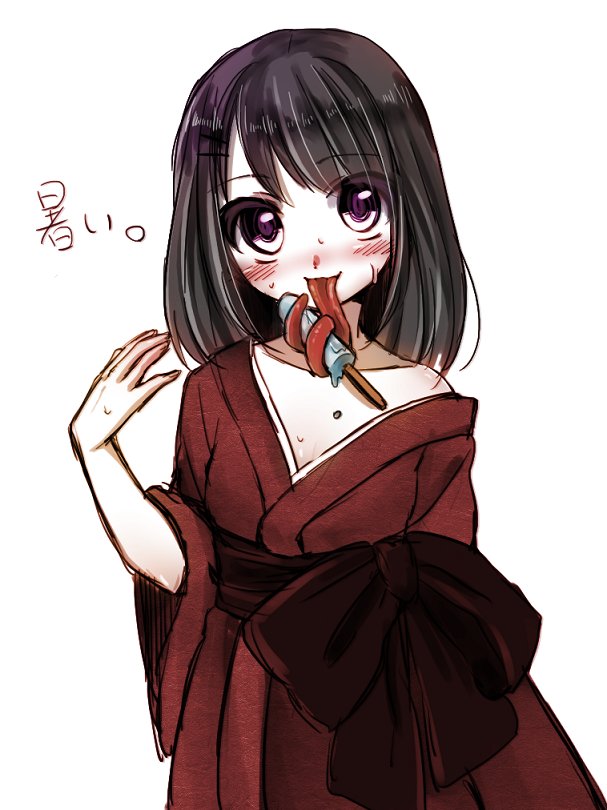 1girl, bangs, black_hair, blush, eyebrows_visible_through_hair, food, food_on_body, hair_ornament