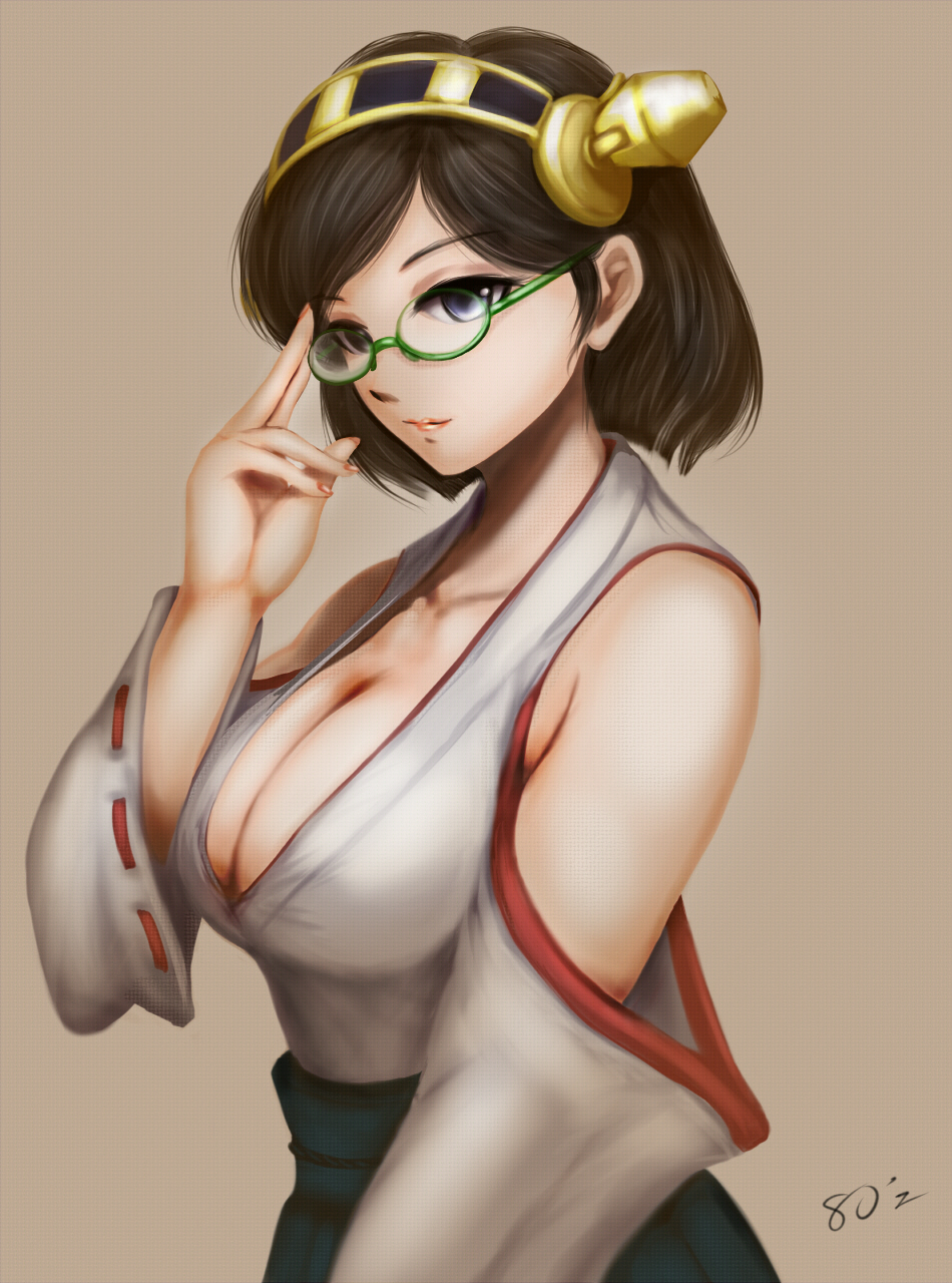 1girl, adjusting_eyewear, bare_shoulders, black_hair, blue_eyes, breasts, brown_background, cleavage
