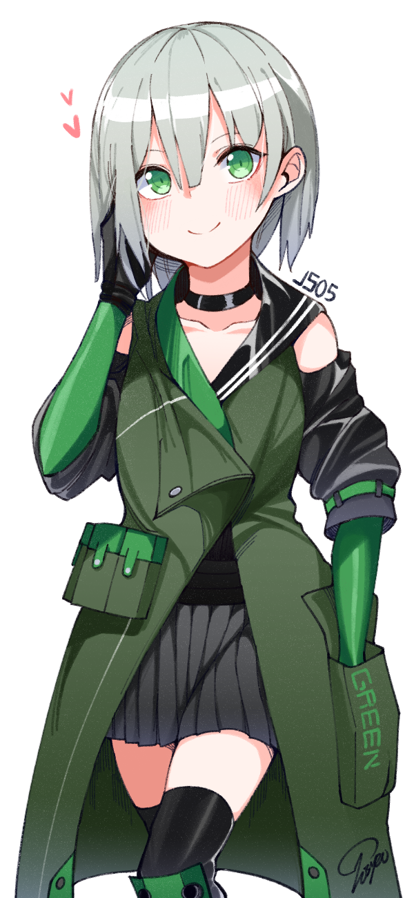 1girl, artist_name, bangs, black_legwear, black_skirt, blush, c:, character_name