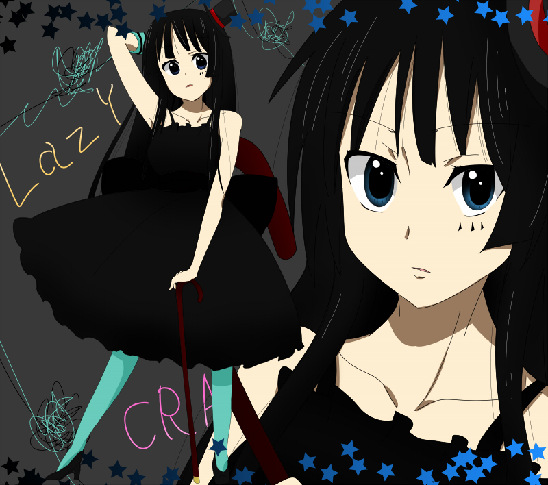 akiyama_mio, bad_id, bangs, black_hair, blue_eyes, blue_legwear, blunt_bangs, don't_say_"lazy"