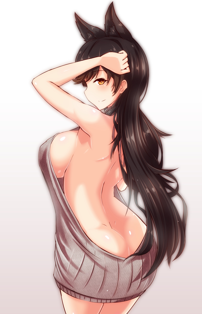 1girl, absurdres, adjusting_hair, alternate_costume, animal_ears, armpits, ass, atago_(azur_lane)