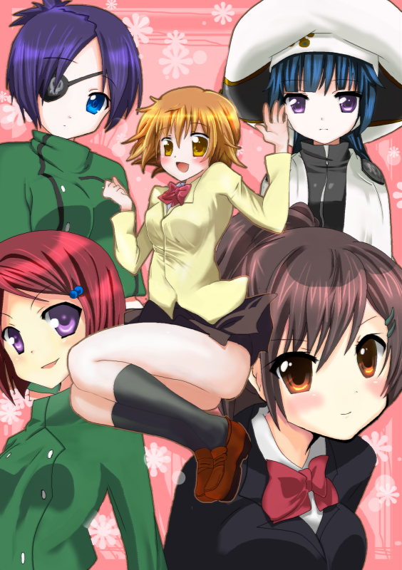 bad_id, black_kneehighs, black_legwear, blazer, blue_hair, blush, bowtie, brown_eyes, brown_hair, chrome_dokuro, dress_shirt, hat, katekyo_hitman_reborn, katekyo_hitman_reborn!, kneehighs, m.m., miniskirt, miura_haru, momoiro_tanuki, multiple_girls, ponytail, purple_eyes, purple_hair, red_hair, redhead, sasagawa_kyoko, sasagawa_kyouko, school_uniform, shirt, short_hair, skirt, smile, socks, uni_(reborn), violet_eyes
