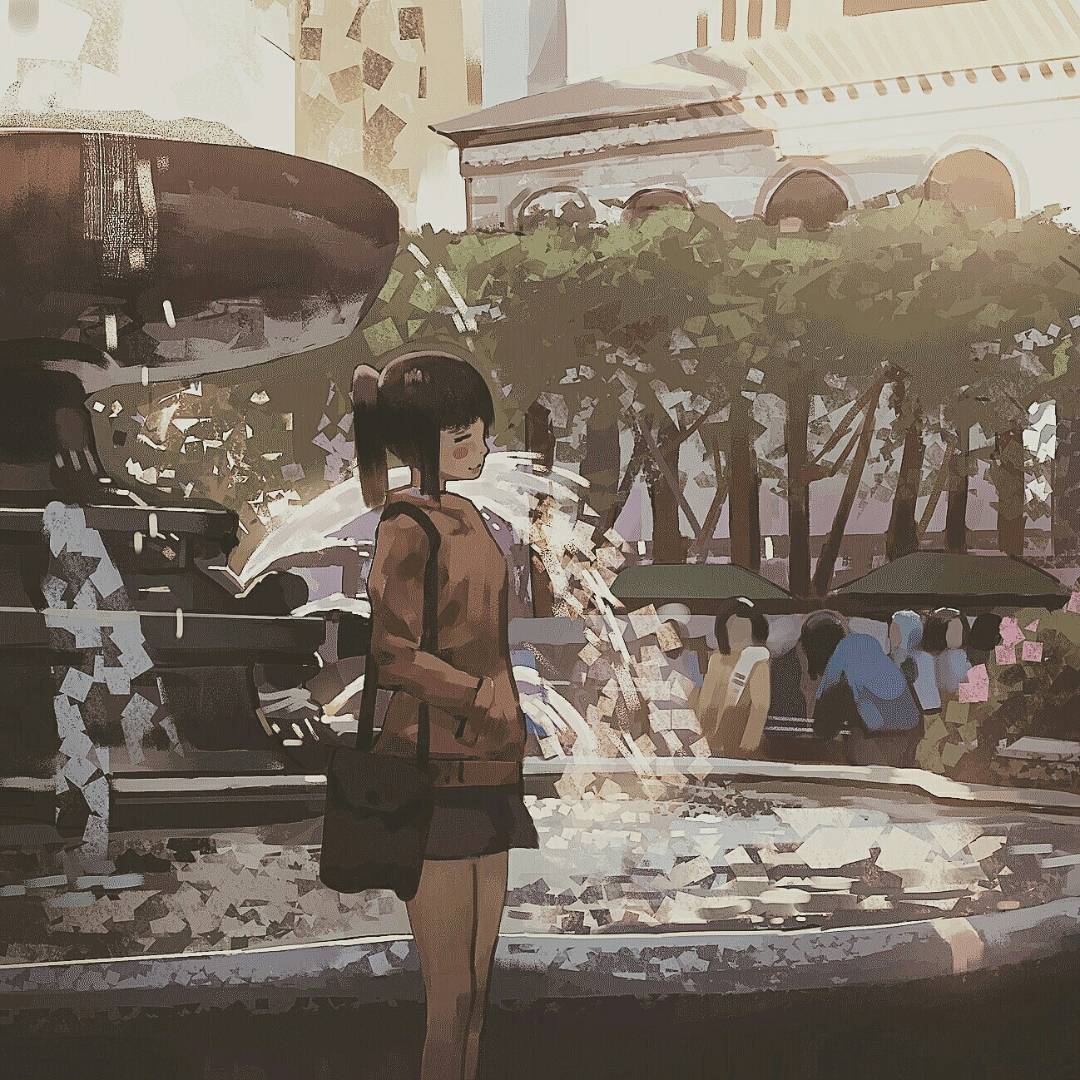 1girl, background, bag, blouse, blush, brown_hair, brush_stroke, building