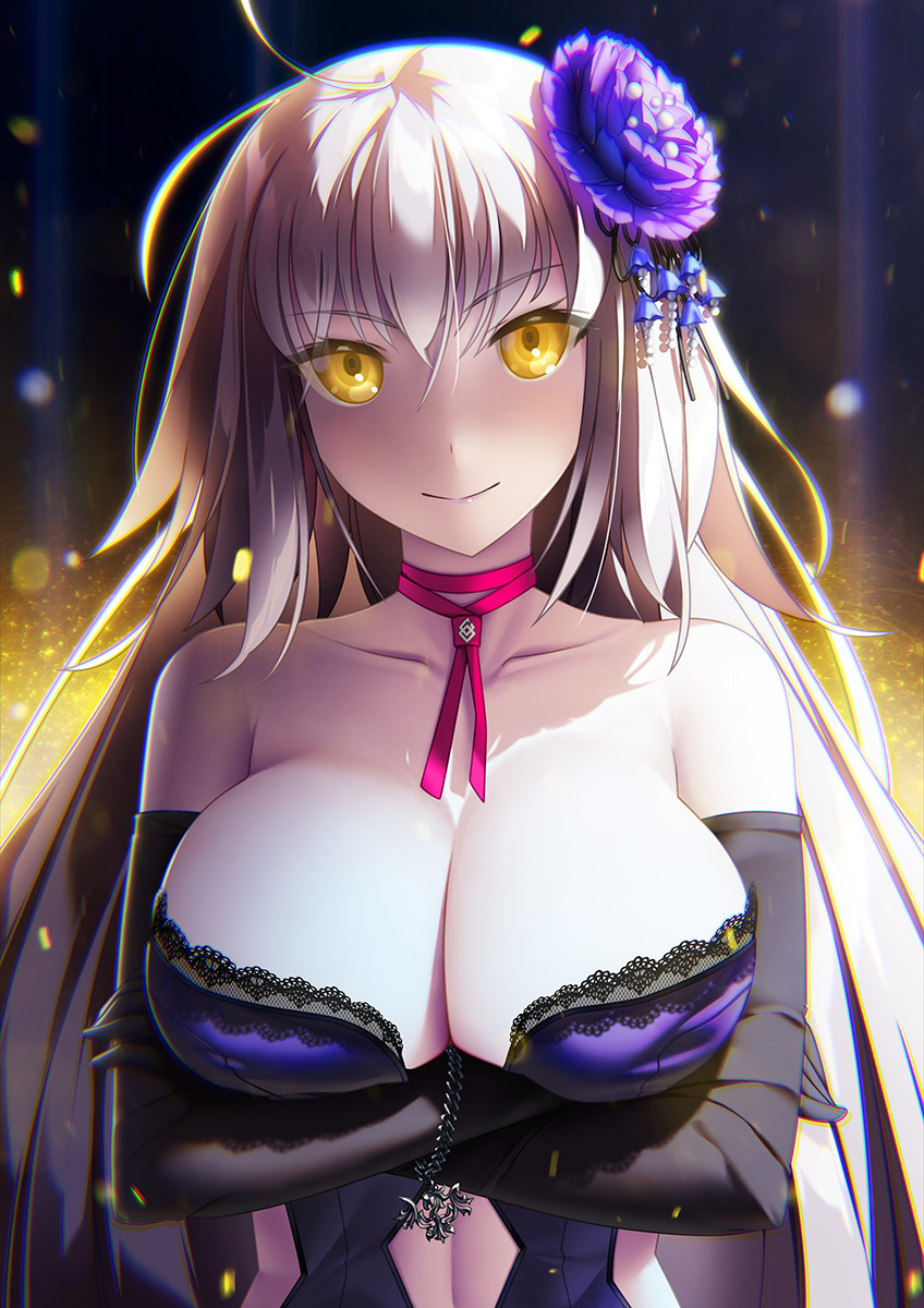 1girl, bare_shoulders, black_gloves, breast_hold, breasts, cleavage, crossed_arms, elbow_gloves