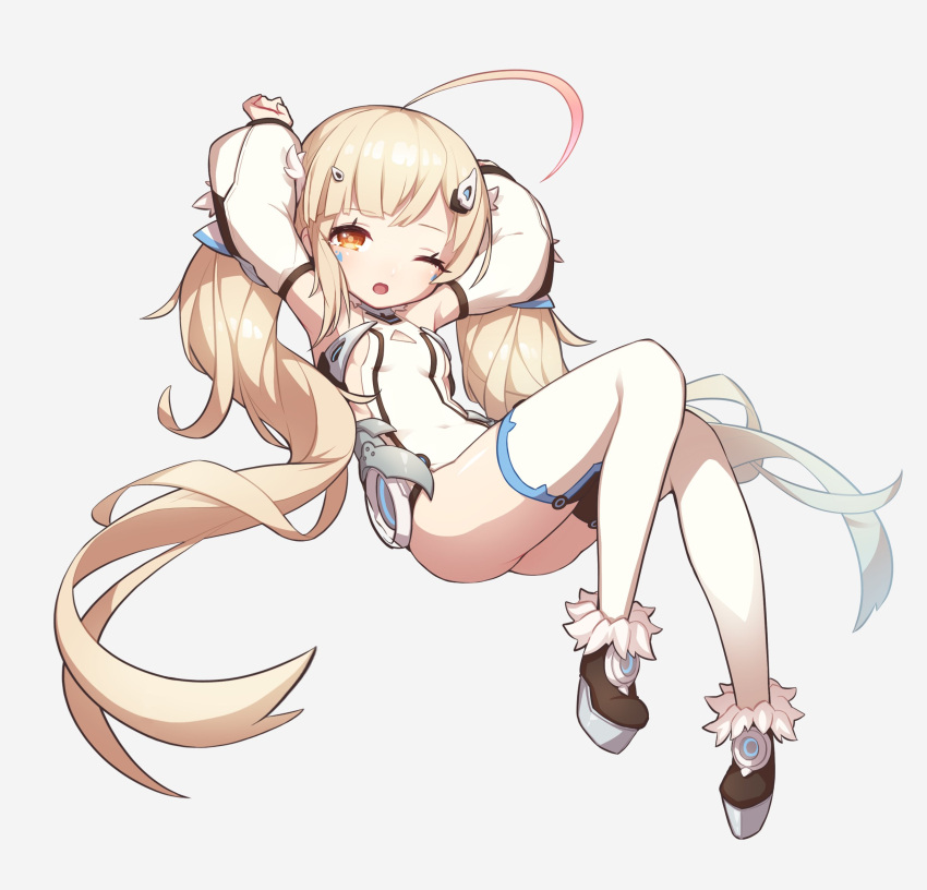 1girl, ahoge, arms_up, azur_lane, black_footwear, blonde_hair, blush, boots, breasts, brown_eyes, clenched_hand, commentary_request, covered_navel, detached_sleeves, eldridge_(azur_lane), eyebrows_visible_through_hair, facial_mark, full_body, fur-trimmed_boots, fur_trim, grey_background, hair_ornament, highres, huge_ahoge, kaki_gohri, leotard, long_hair, long_sleeves, looking_at_viewer, one_eye_closed, parted_lips, sidelocks, simple_background, small_breasts, solo, thigh-highs, twintails, very_long_hair, white_legwear, white_leotard, white_sleeves, wide_sleeves