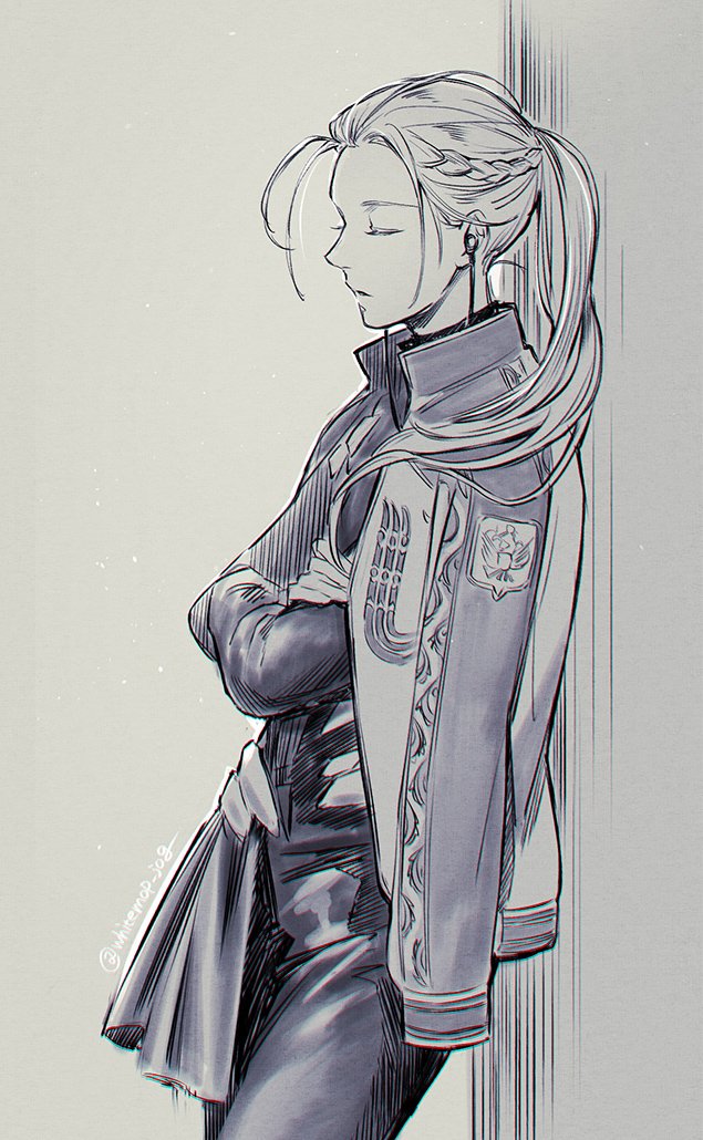 1boy, braid, closed_eyes, crossed_arms, earphones, earphones, jacket, jacket_on_shoulders