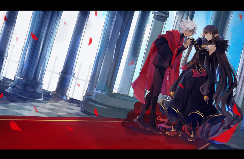 1boy, 1girl, assassin_of_red, black_dress, black_hair, boots, bridal_gauntlets, cape, closed_eyes, dark_skin, dress, earrings, elbow_gloves, fate/apocrypha, fate_(series), fur_trim, gloves, hand_kiss, high_heel_boots, high_heels, jewelry, kiss, kotomine_shirou, long_hair, pillar, pointy_ears, qniokun, spikes, spiky_hair, very_long_hair, white_hair, yellow_eyes