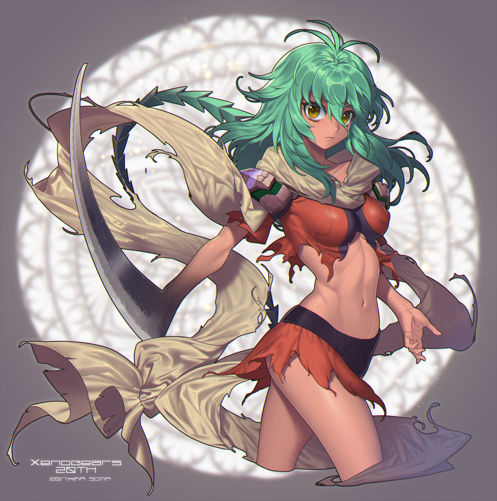 1girl, antenna_hair, armlet, bangs, blurry, blurry_background, breasts, brown_scarf