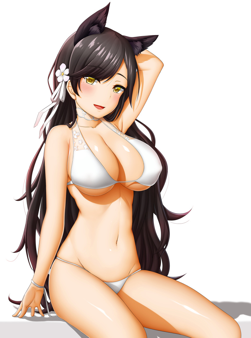 1girl, abukobato, animal_ears, arm_up, atago_(azur_lane), azur_lane, bikini, black_hair