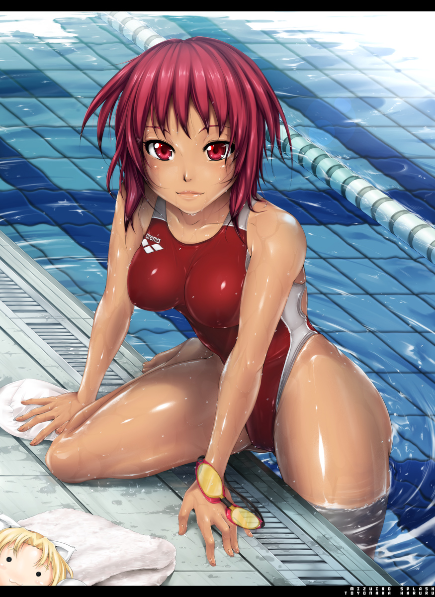doll, goggles, highres, inoue_makito, lane_line, letterboxed, one-piece_swimsuit, original
