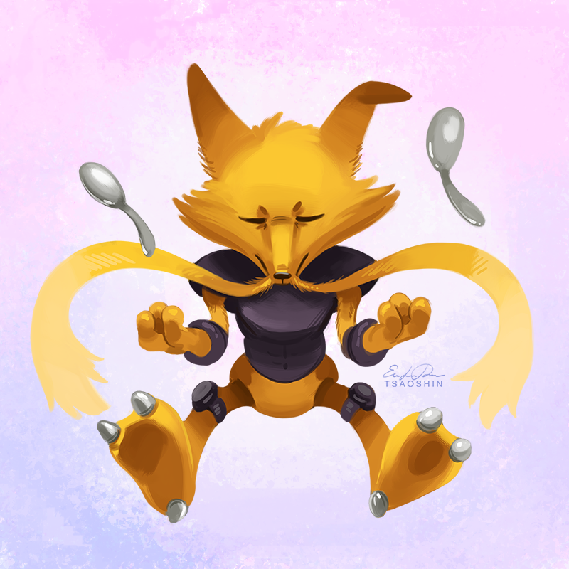 alakazam, closed_eyes, eric_proctor, facing_viewer, floating, full_body, no_humans, pokemon