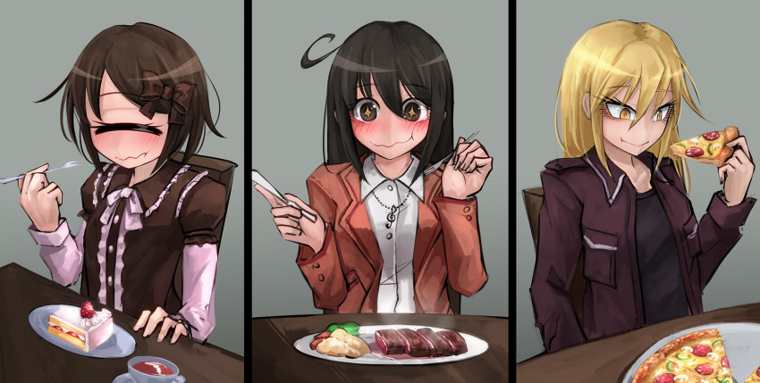 +_+, 3girls, :t, ^_^, black_hair, blonde_hair, blush, bow