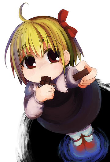 bad_id, blonde_hair, chocolate, eating, red_eyes, ribbon, rumia, rune_(pivix)