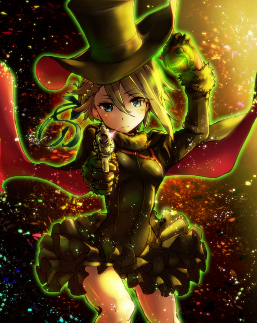 1girl, ange_(princess_principal), black_hat, blue_eyes, blush, braid, breasts, brown_hair