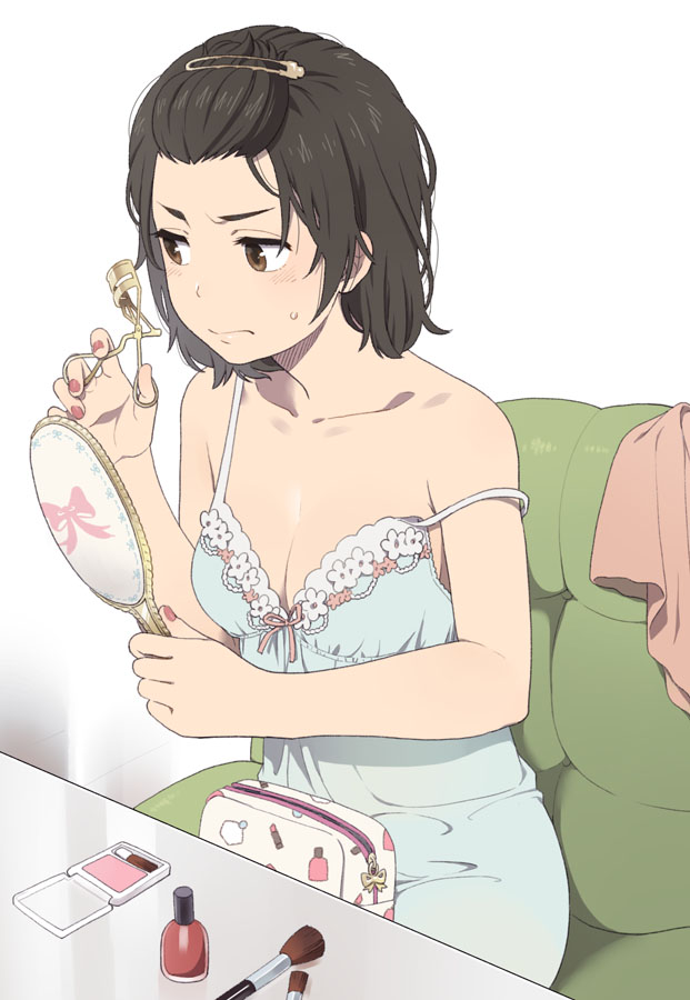 >:(, 1girl, bag, bare_arms, bare_shoulders, blue_dress, blush, breasts, brown_eyes, brown_hair, chair, cleavage, closed_mouth, collarbone, concentrating, dress, eyelash_curler, forehead, hair_ornament, hair_slicked_back, hairclip, hand_mirror, handbag, holding_mirror, makeup, makeup_brush, mattaku_mousuke, medium_breasts, mirror, nail_polish, original, red_nails, short_hair, simple_background, sitting, sleeveless, sleeveless_dress, solo, spaghetti_strap, strap_slip, sweat, table, white_background