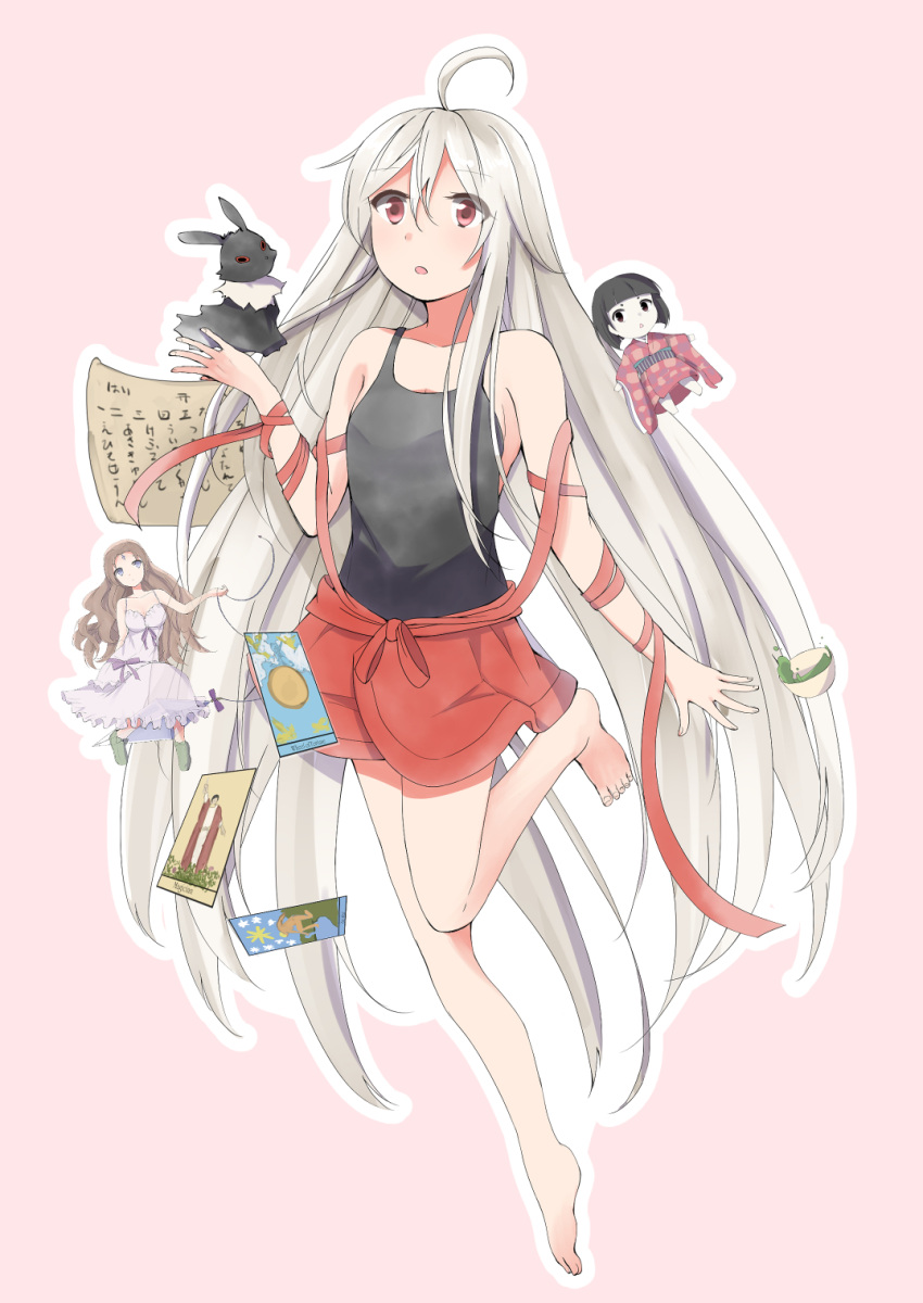 3girls, :o, ahoge, animal, bangs, bare_legs, bare_shoulders, barefoot
