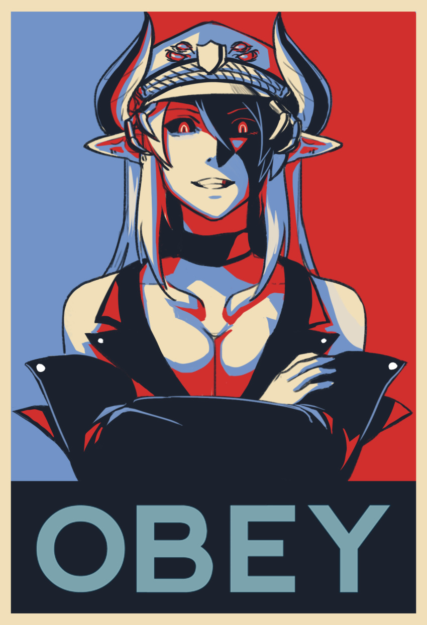 1girl, badge, barack_obama, bare_shoulders, border, breasts, choker, cleavage