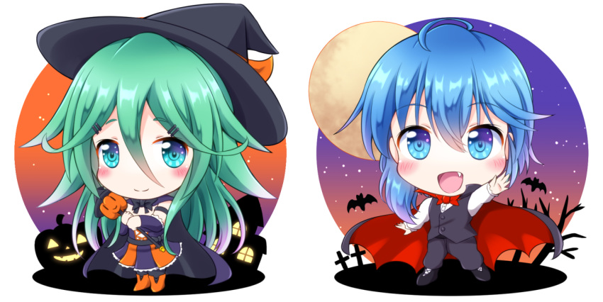 2girls, :d, ahoge, alternate_costume, bat, black_cape, blue_eyes, blue_hair