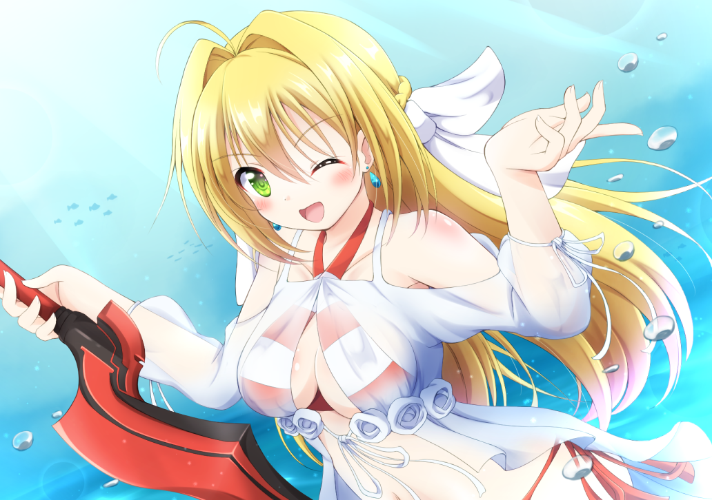 1girl, ;d, aestus_estus, ahoge, bikini, blonde_hair, blush, breasts
