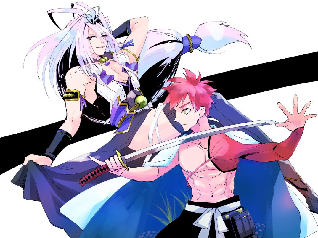 2boys, antenna_hair, az2nd, crossover, emiya_shirou, fate/grand_order, fate_(series), historical_connection, igote, japanese_clothes, limited/zero_over, male_focus, multiple_boys, namesake, redhead, sengo_muramasa_(touken_ranbu), sword, touken_ranbu, weapon