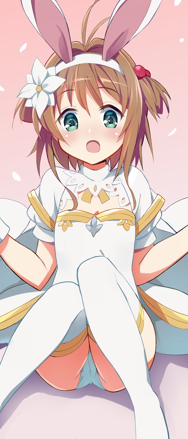 1girl, 9law, animal_ears, antenna_hair, blush, brown_hair, bunny_girl, card_captor_sakura, commentary, commentary_request, cosplay, fake_animal_ears, flower, granblue_fantasy, green_eyes, hair_bobbles, hair_flower, hair_ornament, hairband, highres, kinomoto_sakura, looking_at_viewer, open_mouth, pink_background, rabbit_ears, sage_(granblue_fantasy), sage_(granblue_fantasy)_(cosplay), short_hair, short_twintails, solo, thigh-highs, twintails, white_background, white_legwear