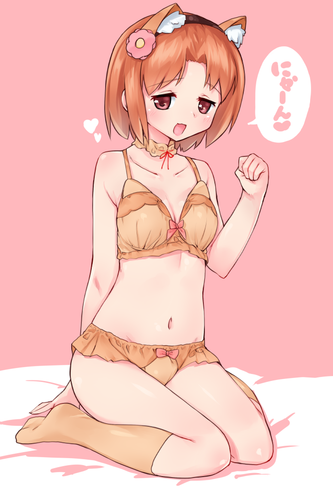 :3, animal_ears, arm_behind_back, arm_support, bow, bow_bra, bow_panties, bra, breasts, cat_ears, choker, debutya_aki, eyebrows_visible_through_hair, fake_animal_ears, frilled_bra, frilled_choker, frilled_panties, frills, full_body, hairband, heart, navel, open_mouth, panties, paw_pose, pink_background, saki, saki_achiga-hen, short_hair, sitting, small_breasts, smile, socks, underwear, underwear_only, wariza, yasufuku_riko, yellow_bra, yellow_legwear, yellow_neckwear, yellow_panties