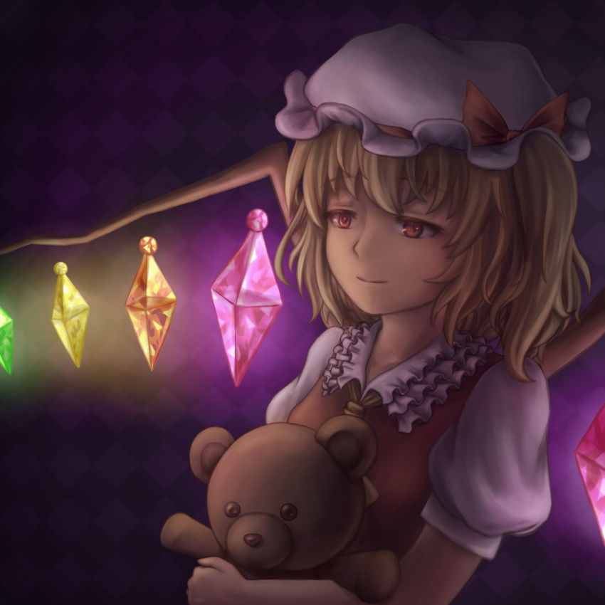 1girl, ascot, blonde_hair, blue_background, checkered, checkered_background, chikopudding, flandre_scarlet, glowing, glowing_wings, hat, hat_ribbon, highres, light_smile, looking_to_the_side, mob_cap, puffy_short_sleeves, puffy_sleeves, red_eyes, red_vest, ribbon, short_hair, short_sleeves, side_ponytail, solo, stuffed_animal, stuffed_toy, teddy_bear, touhou, upper_body, vest, wings, yellow_neckwear