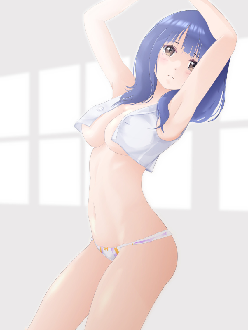 1girl, armpits, arms_up, bangs, blue_hair, blurry, blurry_background, bow