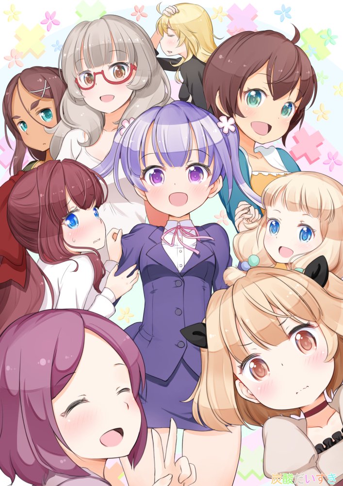 6+girls, aqua_eyes, blonde_hair, blue_eyes, blush, brown_eyes, brown_hair, character_request