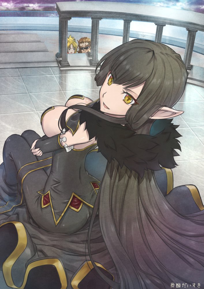 1boy, 2girls, absurdly_long_hair, artist_name, assassin_of_red, black_hair, black_legwear, blonde_hair