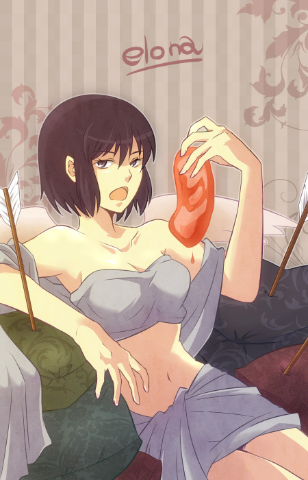 1girl, angel_wings, areri, arrow, bangs, bare_arms, bare_shoulders, black_eyes, black_hair, bob_cut, breasts, cleavage, collarbone, copyright_name, elona, feathered_wings, feathers, female, fingernails, food, goddess, grey_eyes, hair_between_eyes, hand_up, holding, looking_at_viewer, lulwy_of_wind, meat, medium_breasts, midriff, navel, neck, off_shoulder, open_mouth, raw_meat, short_hair, sitting, solo, stomach, strapless, tongue, white_wings, wings