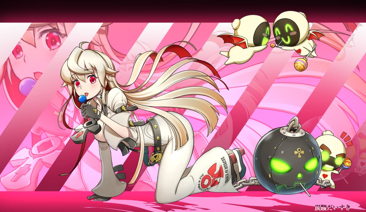 1girl, all_fours, artist_name, black_gloves, blonde_hair, blush, breasts, candy