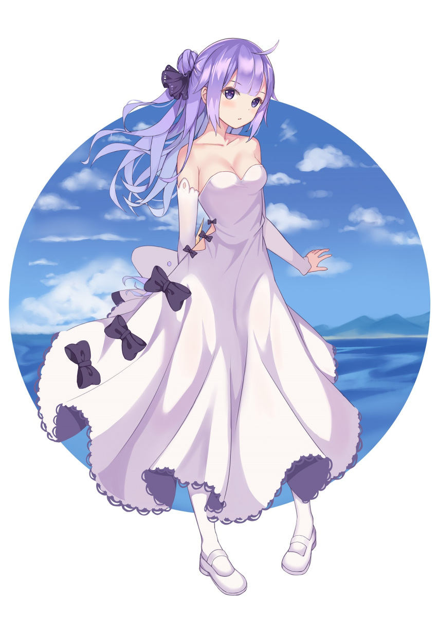 1girl, arm_warmers, azur_lane, bare_shoulders, black_bow, bow, breasts, cleavage