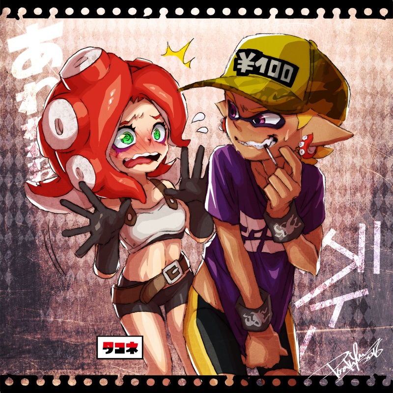 /\/\/\, 1boy, 1girl, @_@, armor, arms_up, artist_name, baseball_cap