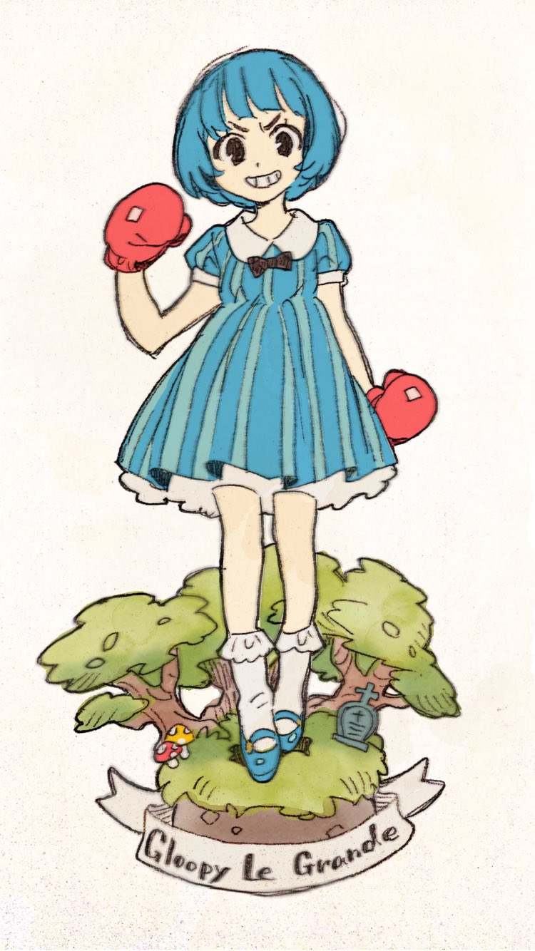 1girl, blue_dress, blue_hair, boxing_gloves, character_name, cuphead_(game), dress, genderswap