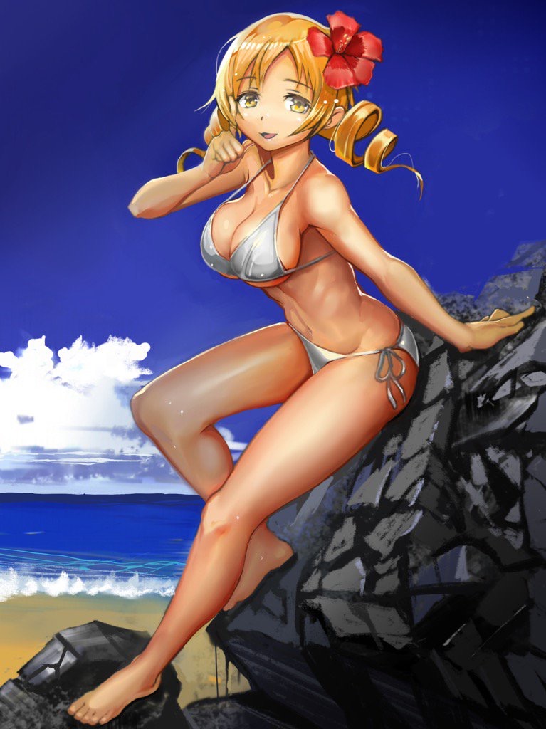 1girl, barefoot, bikini, blonde_hair, breasts, cleavage, collarbone, drill_hair