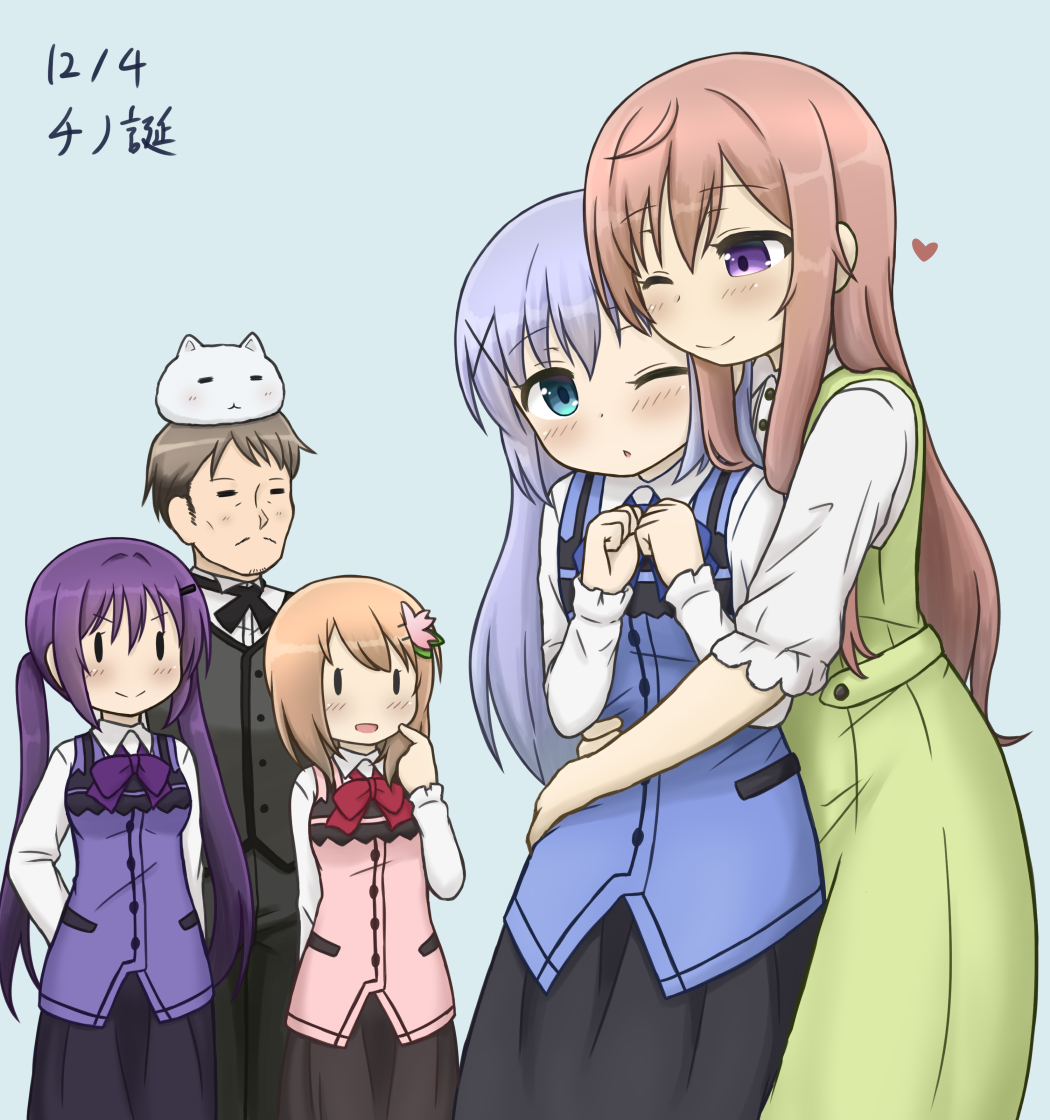 >:), 1boy, 4girls, :d, ;), ;o, angora_rabbit, animal, animal_on_head, bangs, black_neckwear, black_pants, black_skirt, blue_background, blue_eyes, blue_neckwear, blue_vest, blush, bow, bowtie, breasts, brown_hair, bunny_on_head, buttons, collared_shirt, cowboy_shot, dress, eyebrows_visible_through_hair, facial_hair, finger_to_cheek, gochuumon_wa_usagi_desu_ka?, green_dress, hair_ornament, hairclip, heart, hoto_cocoa, hoto_mocha, hug, hug_from_behind, kafuu_chino, kafuu_takahiro, karigane_yuuma, light_blue_hair, long_hair, long_sleeves, looking_at_another, multiple_girls, mustache, on_head, one_eye_closed, open_mouth, orange_hair, pants, pink_vest, purple_hair, purple_neckwear, purple_vest, rabbit, rabbit_house_uniform, red_neckwear, shirt, short_hair, short_sleeves, siblings, sisters, skirt, small_breasts, smile, standing, tedeza_rize, tippy_(gochiusa), twintails, undershirt, vest, violet_eyes, white_shirt, wing_collar, x_hair_ornament, |_|
