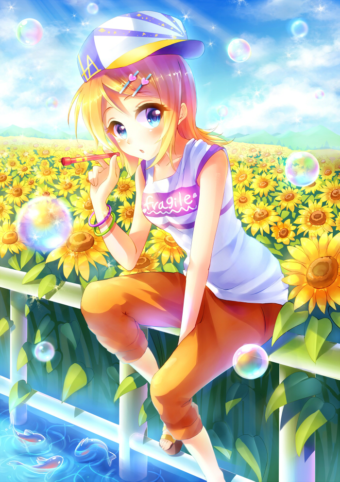 1girl, blonde_hair, blue_eyes, blush, bracelet, breasts, bubble, collarbone, day, eyebrows_visible_through_hair, flower, hair_ornament, hairclip, hat, heart, jewelry, looking_at_viewer, medium_breasts, nanakusagayu, original, outdoors, parted_lips, sandals, sideways_hat, sitting, solo, summer, sunflower