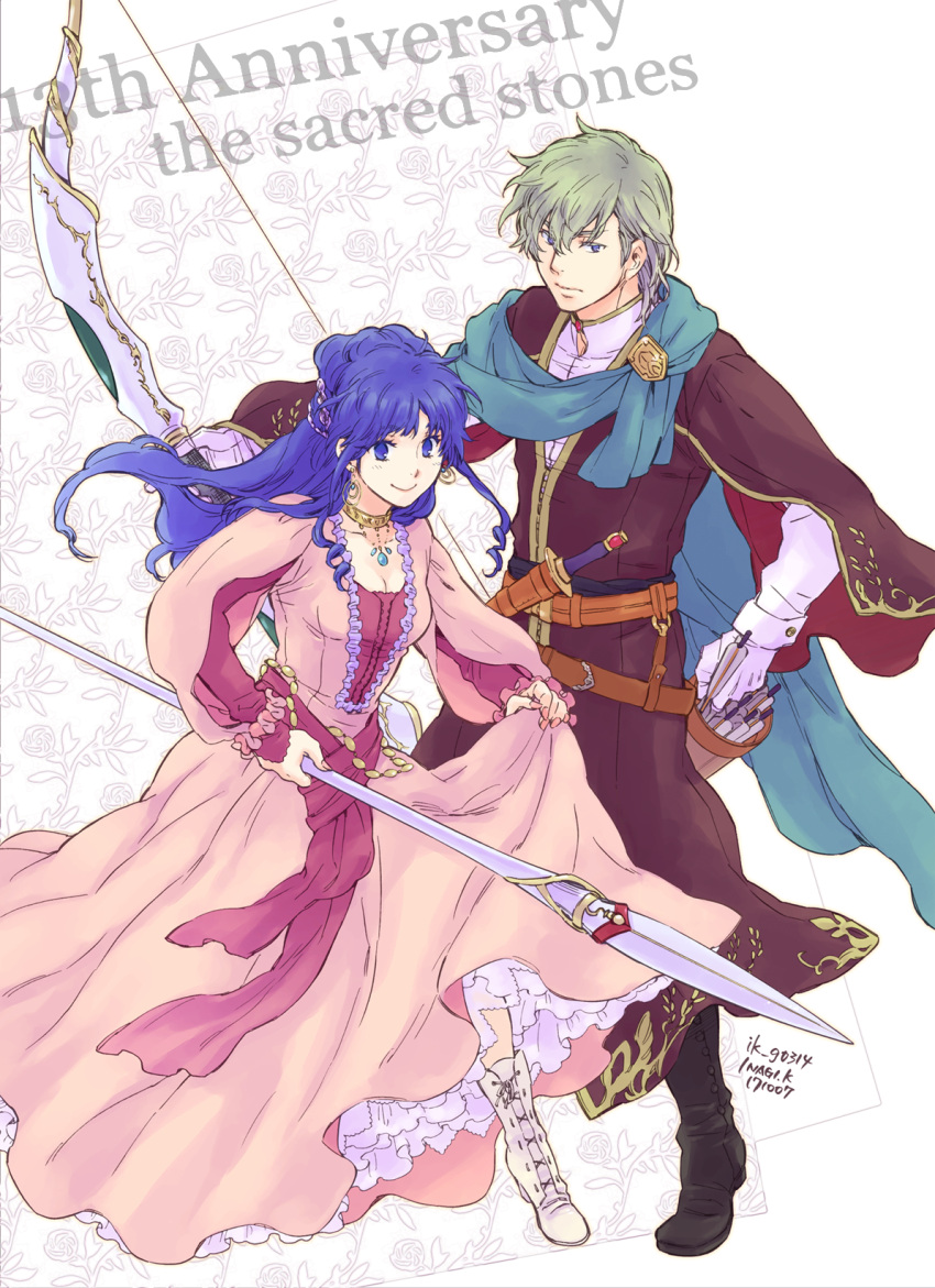 alternate_costume, anniversary, arrow, artist_name, belt, blue_eyes, blue_hair, boots