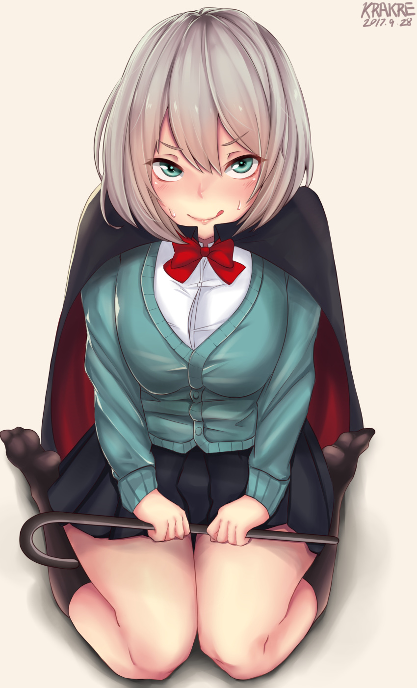 1girl, absurdres, black_legwear, black_skirt, blush, breasts, brown_hair, closed_mouth, dated, eyebrows_visible_through_hair, green_eyes, highres, kneehighs, kuraken, large_breasts, looking_at_viewer, sitting, skirt, smile, sweat, tejina_senpai, tongue, tongue_out, wariza