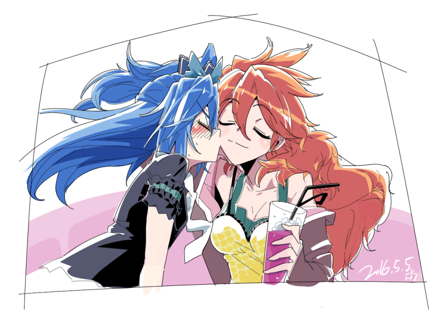 2girls, akiot, amou_kanade, bare_shoulders, blue_hair, blush, cheek_kiss, closed_eyes, dated, drinking_straw, hair_between_eyes, kazanari_tsubasa, kiss, multiple_girls, necktie, off_shoulder, profile, redhead, senki_zesshou_symphogear, short_sleeves, side_ponytail, white_neckwear, yuri