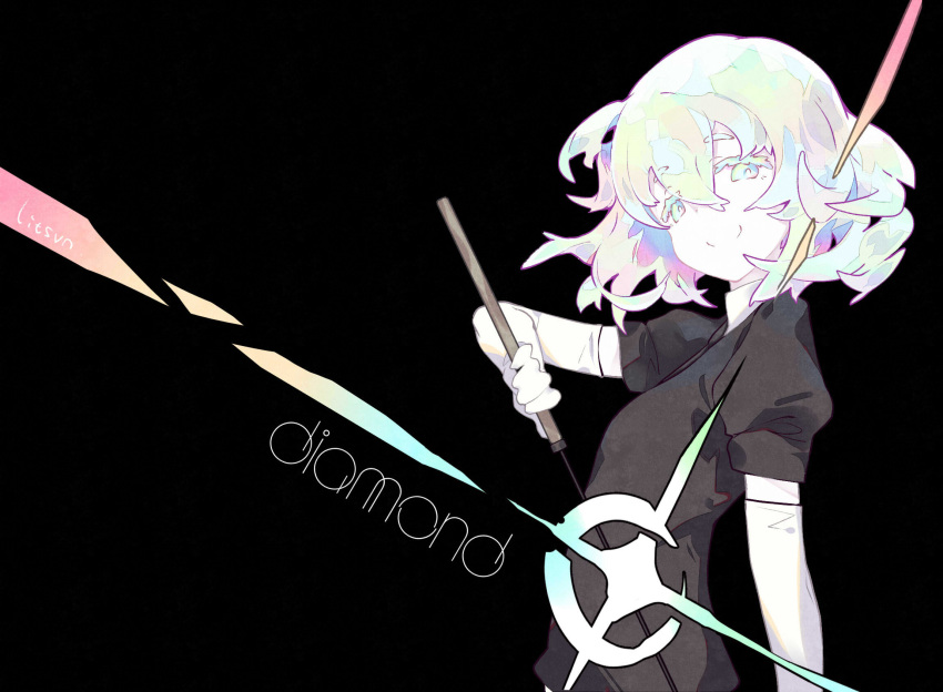 androgynous, artist_name, black_background, character_name, diamond_(houseki_no_kuni), elbow_gloves, eyebrows_visible_through_hair, gleam