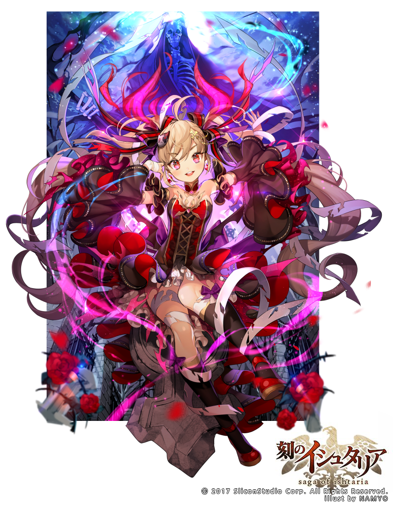 :d, age_of_ishtaria, black_legwear, breasts, brown_hair, copyright_name, cross-laced_clothes, death_(entity), detached_sleeves, earrings, flower, frilled_sleeves, frills, full_body, hands_up, jewelry, kneehighs, namyo, official_art, open_mouth, pink_eyes, red_footwear, rose, scythe, sitting, skeleton, small_breasts, smile, watermark