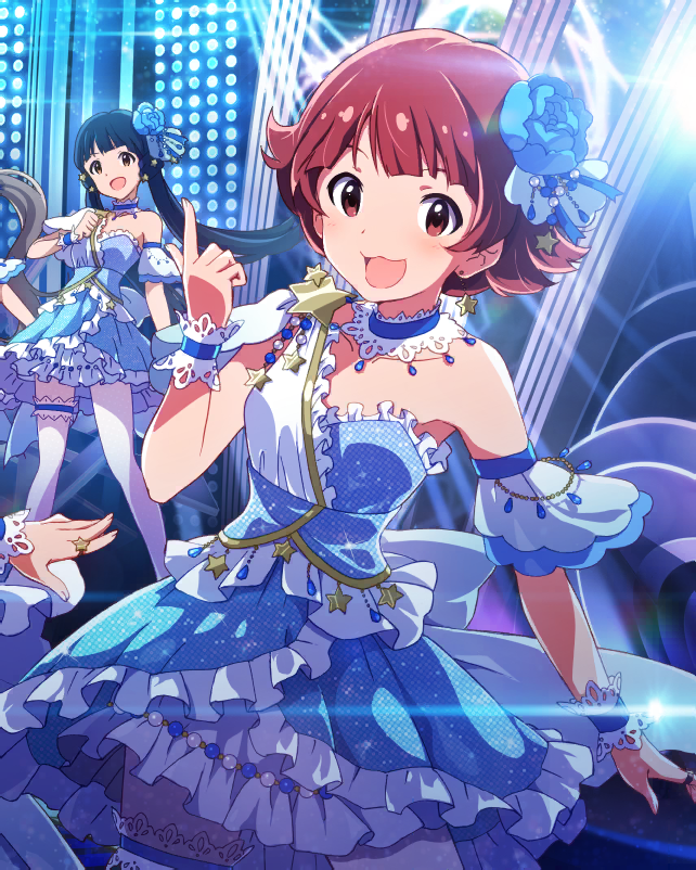 2girls, :3, artist_request, bangs, bare_shoulders, black_hair, blue_dress, blue_rose