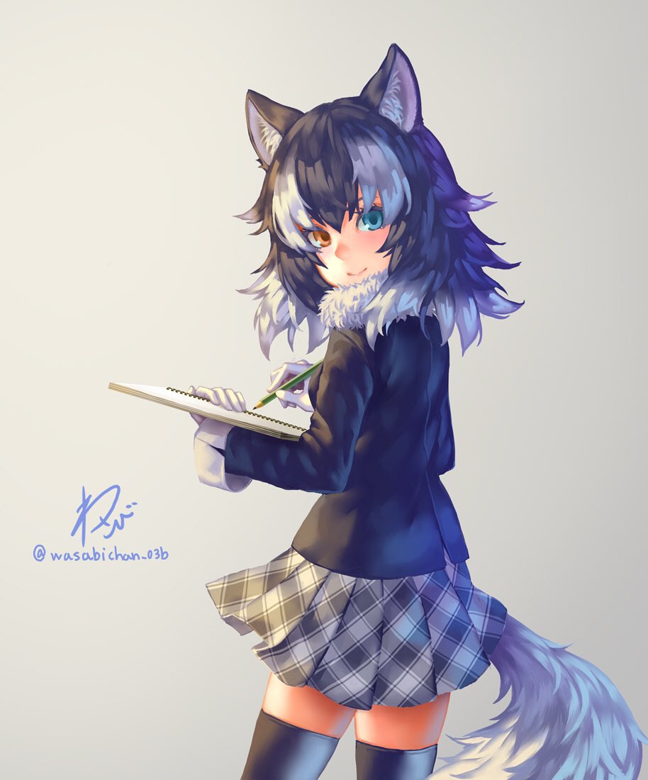 1girl, animal_ears, black_hair, black_legwear, blue_eyes, blush, brown_eyes, closed_mouth, eyebrows, gloves, grey_skirt, grey_wolf_(kemono_friends), heterochromia, holding, holding_pencil, long_sleeves, looking_at_viewer, multicolored_hair, pencil, sketchbook, skirt, smile, solo, tail, thigh-highs, twitter_username, wasabichan, white_gloves, white_hair, wolf_ears, wolf_tail